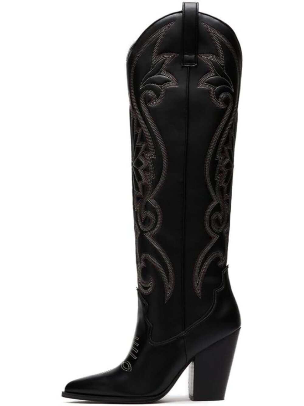 Women's Black Knee High Pointed Toe Chunky High Heels Pull-On Cowgirl Boots